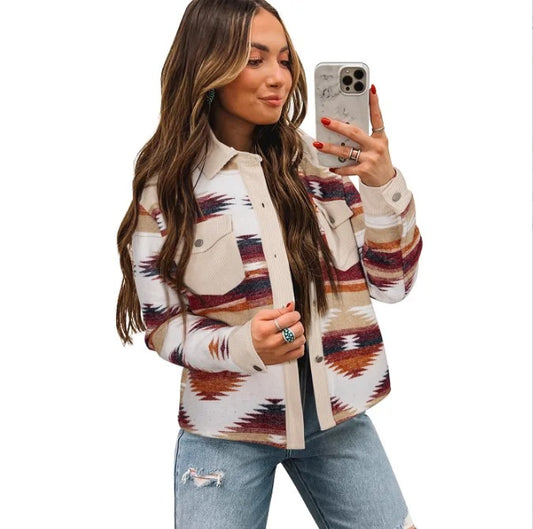 Beige and Multicolour Geometric Print Shirt Jacket