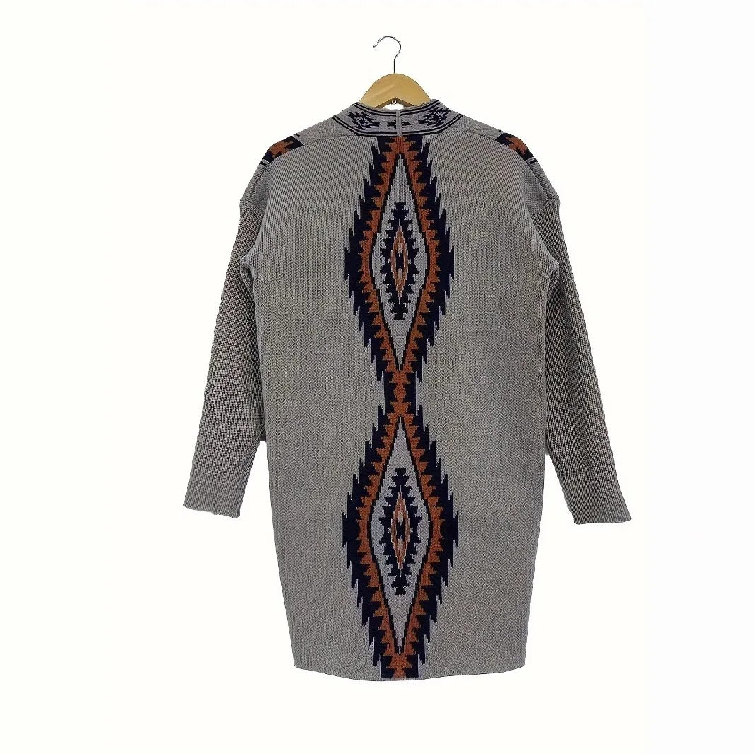 Beige and Navy Geometric Knit Longline Cardigan