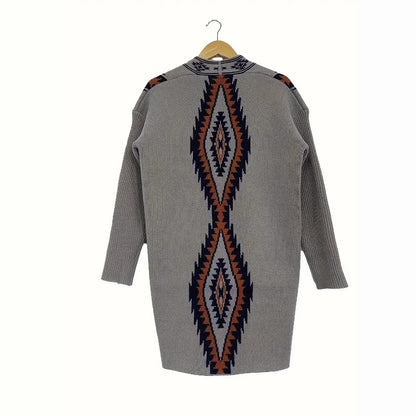 Beige and Navy Geometric Knit Longline Cardigan