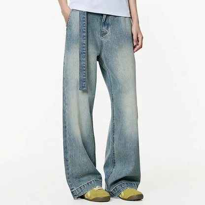 Wide-Leg Washed Blue Jeans with Side Strap Detail