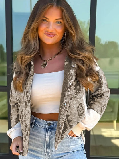Beige and Grey Geometric Hooded Jacket