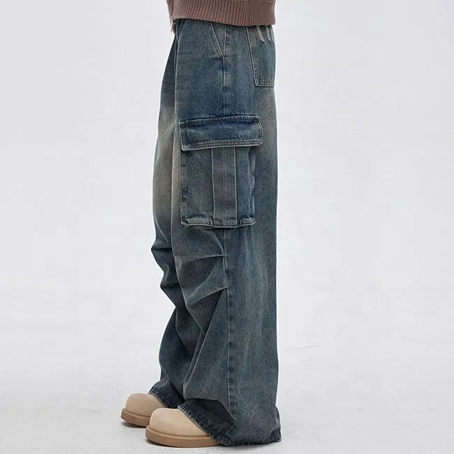 Wide-Leg Washed Blue Cargo Jeans with Utility Pockets