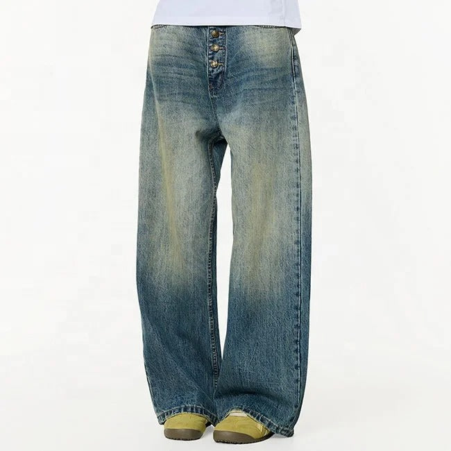 Wide-Leg Washed Blue Denim Jeans with Button Fly