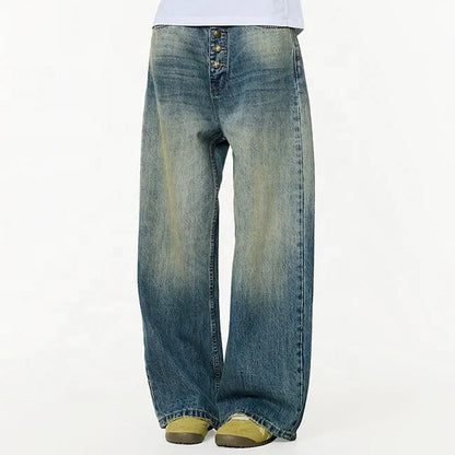 Wide-Leg Washed Blue Denim Jeans with Button Fly