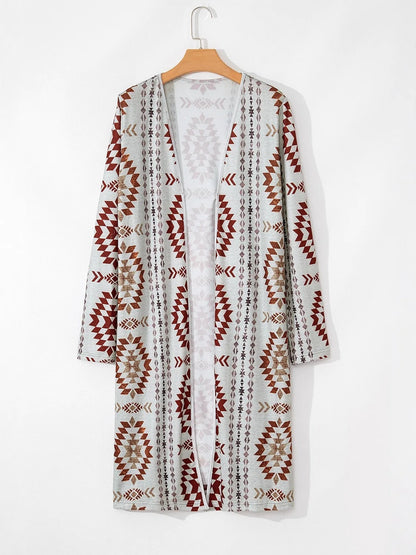 Beige and Rust Geometric Print Longline Cardigan
