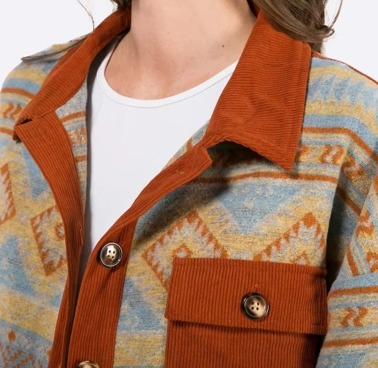 Blue and Rust Patterned Button-Up Shirt Jacket