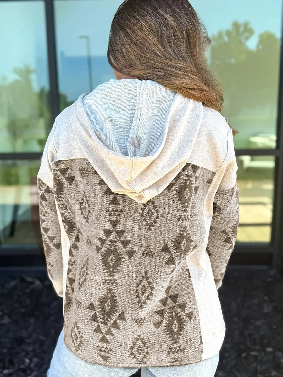 Beige and Grey Geometric Hooded Jacket