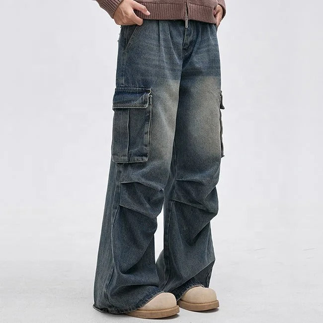 Wide-Leg Washed Blue Cargo Jeans with Utility Pockets
