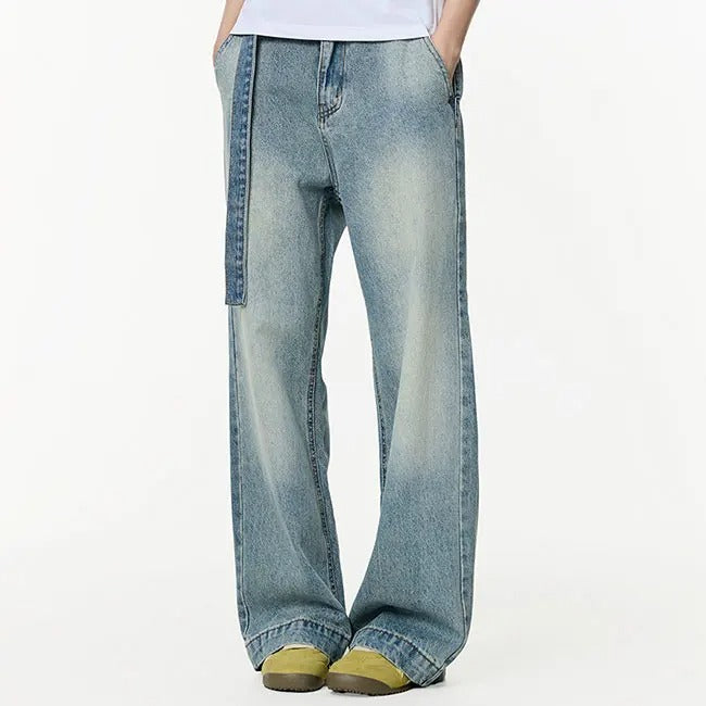 Wide-Leg Washed Blue Jeans with Side Strap Detail