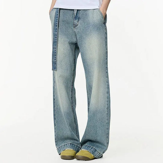 Wide-Leg Washed Blue Jeans with Side Strap Detail
