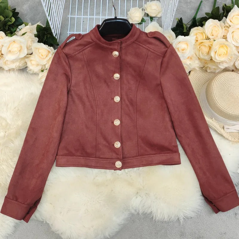 Rust Red Button-Up Cropped Jacket with Stand Collar
