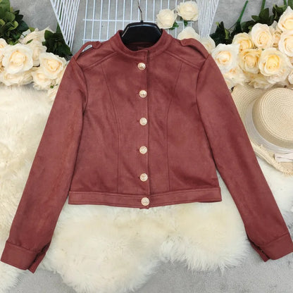 Rust Red Button-Up Cropped Jacket with Stand Collar