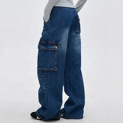Wide-Leg Blue Denim Cargo Jeans with Flap Pockets