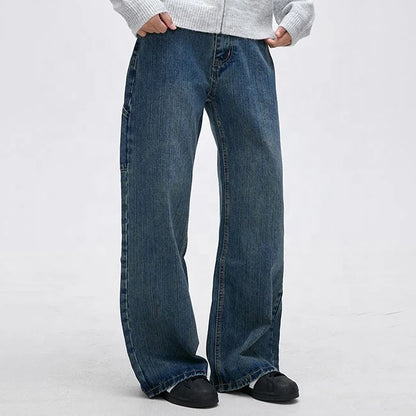 Wide-Leg Blue Denim Jeans with Panelled Back Pocket Detail