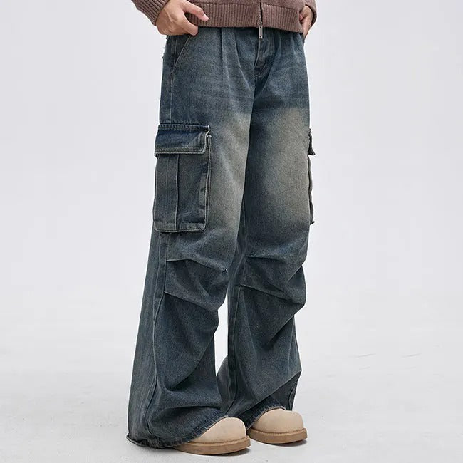Wide-Leg Washed Blue Cargo Jeans with Knee Panel Detail