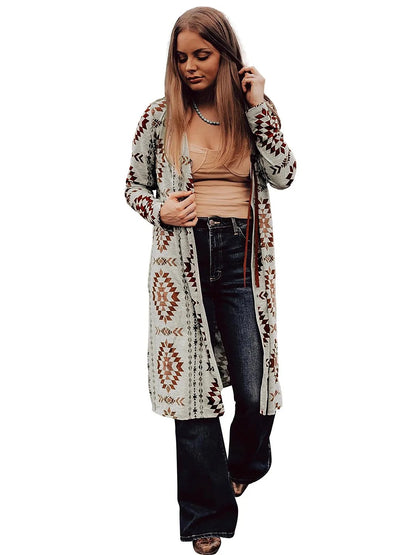Beige and Rust Geometric Print Longline Cardigan