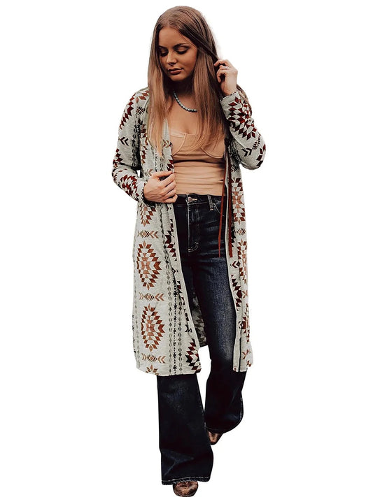 Beige and Rust Geometric Print Longline Cardigan