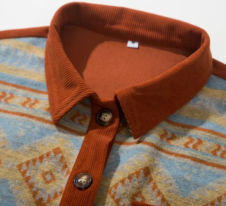 Blue and Rust Patterned Button-Up Shirt Jacket