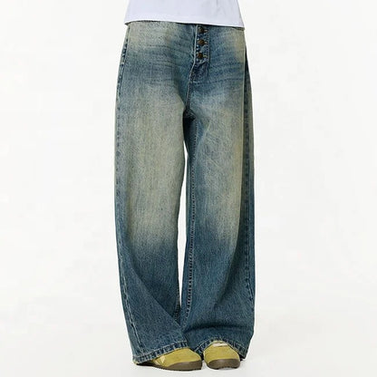 Wide-Leg Washed Blue Denim Jeans with Button Fly