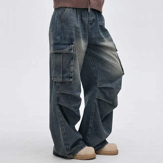 Wide-Leg Washed Blue Cargo Jeans with Knee Panel Detail
