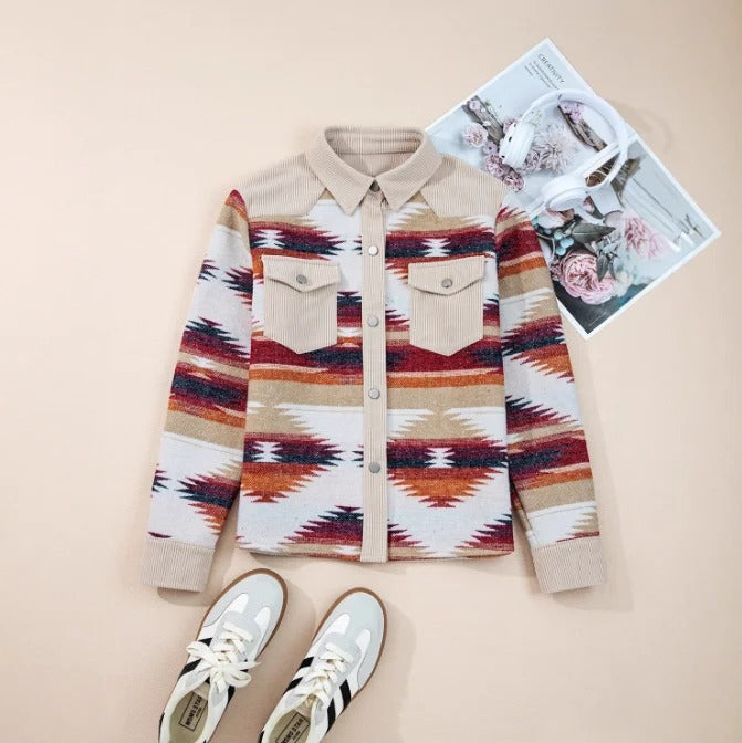 Beige and Multicolour Geometric Print Shirt Jacket
