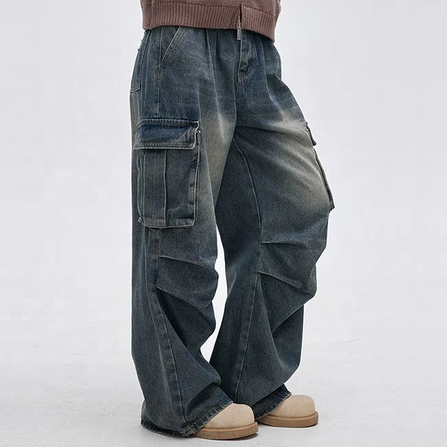 Wide-Leg Washed Blue Cargo Jeans with Utility Pockets