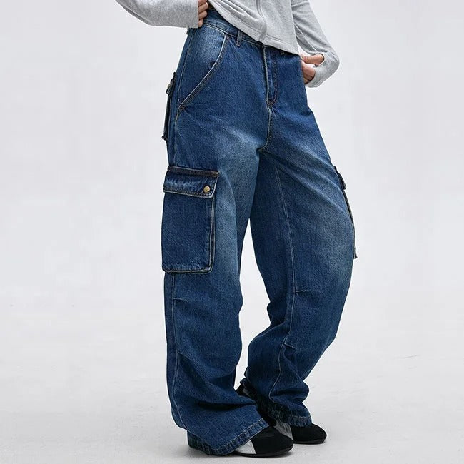 Wide-Leg Blue Denim Cargo Jeans with Flap Pockets