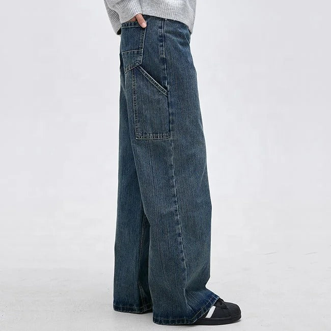 Wide-Leg Blue Denim Jeans with Panelled Back Pocket Detail