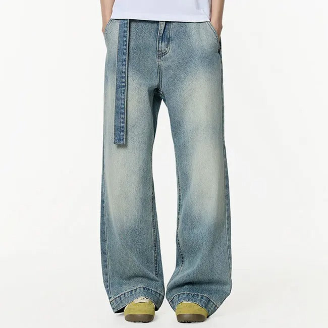 Wide-Leg Washed Blue Jeans with Side Strap Detail