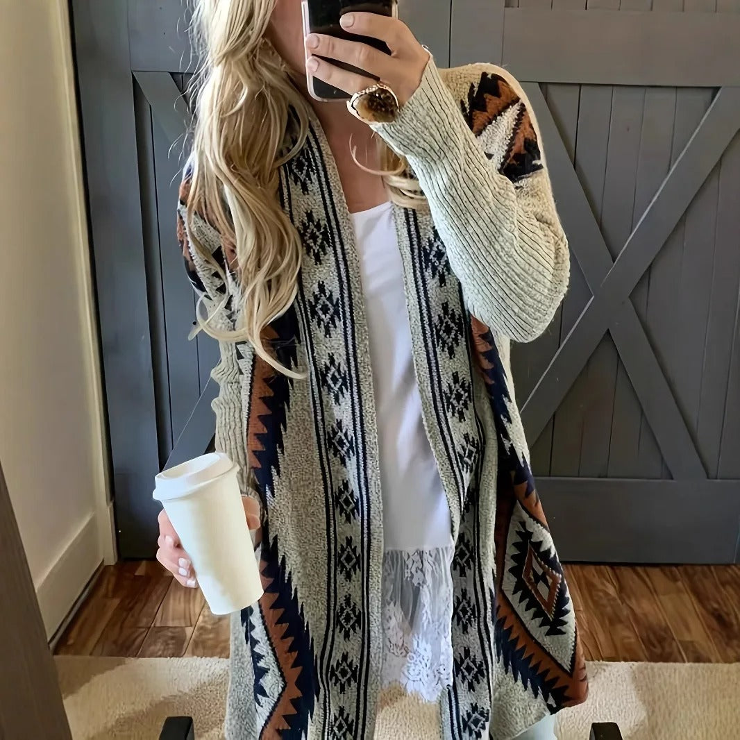 Beige and Navy Geometric Knit Longline Cardigan