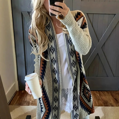 Beige and Navy Geometric Knit Longline Cardigan