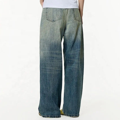 Wide-Leg Washed Blue Denim Jeans with Button Fly