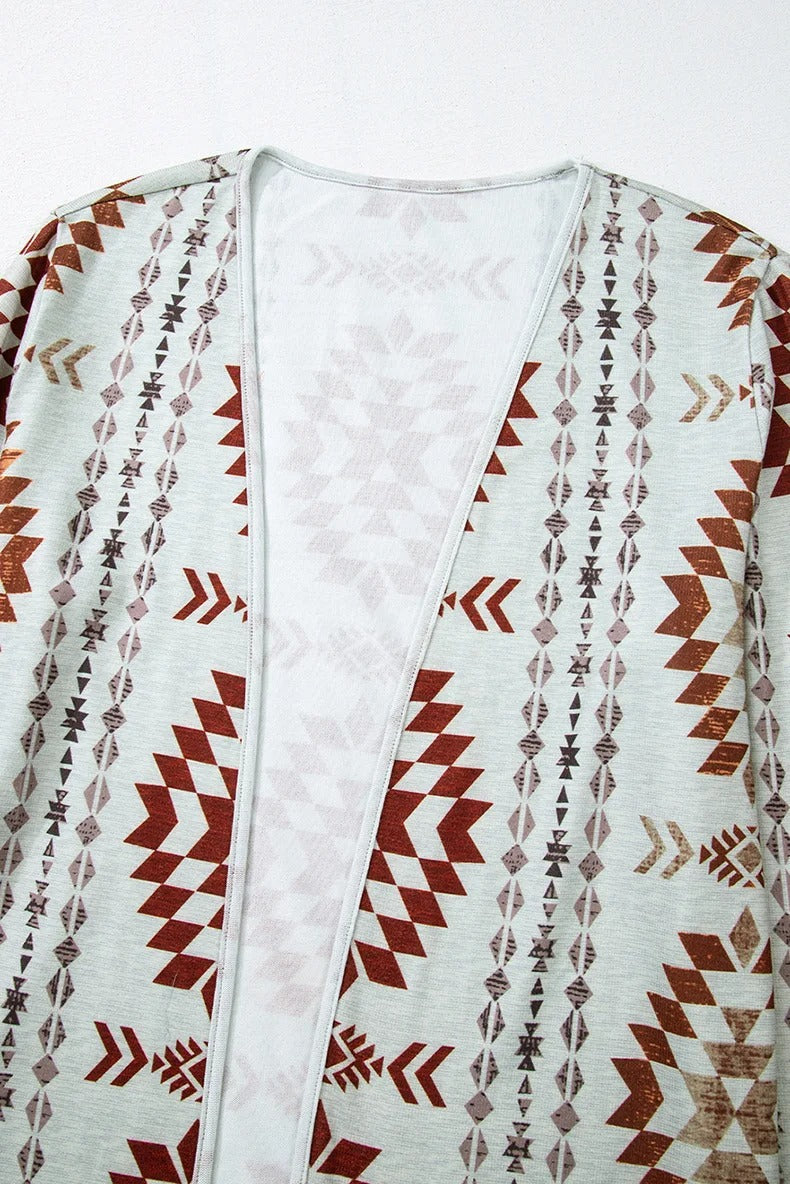 Beige and Rust Geometric Print Longline Cardigan
