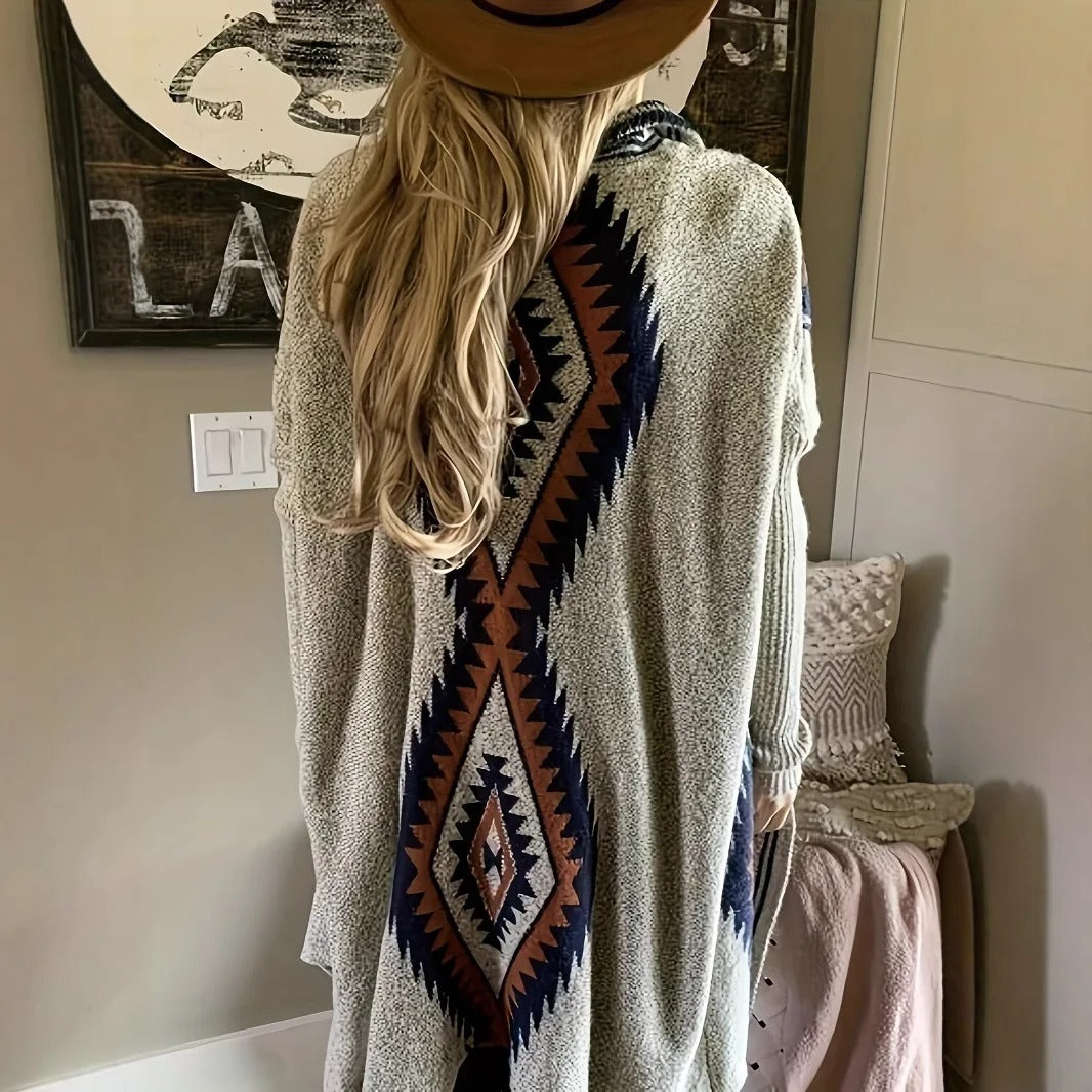 Beige and Navy Geometric Knit Longline Cardigan