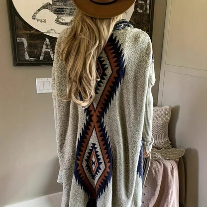 Beige and Navy Geometric Knit Longline Cardigan