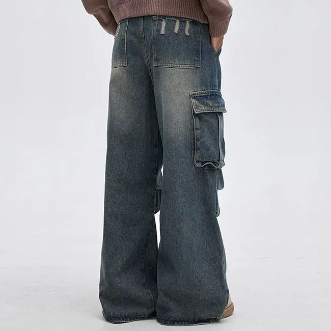 Wide-Leg Washed Blue Cargo Jeans with Knee Panel Detail