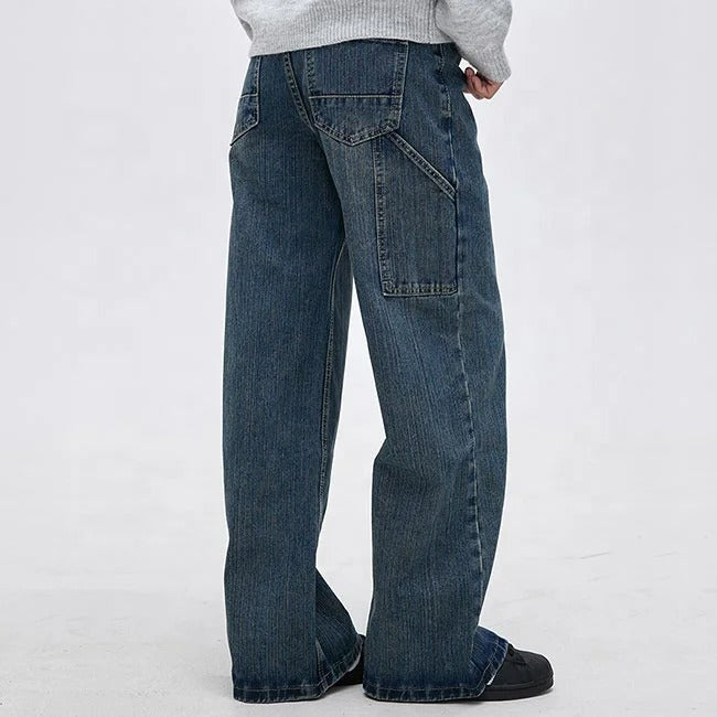 Wide-Leg Blue Denim Jeans with Panelled Back Pocket Detail
