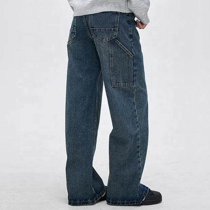 Wide-Leg Blue Denim Jeans with Panelled Back Pocket Detail