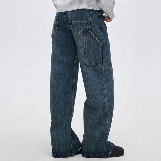 Wide-Leg Blue Denim Jeans with Panelled Back Pocket Detail