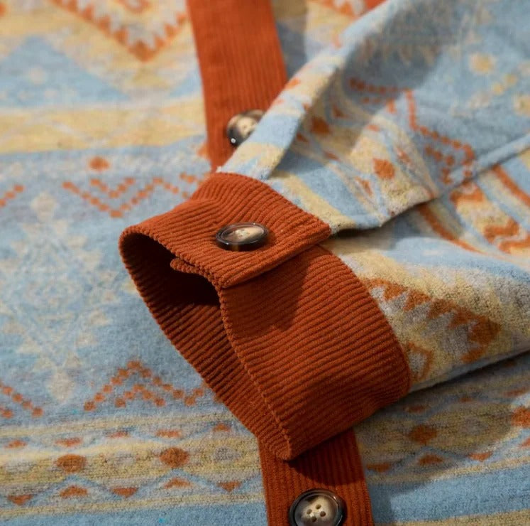 Blue and Rust Patterned Button-Up Shirt Jacket