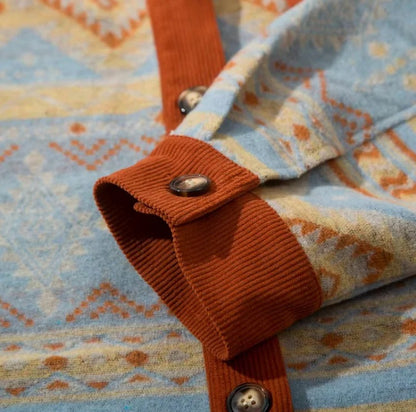 Blue and Rust Patterned Button-Up Shirt Jacket