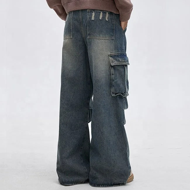 Wide-Leg Washed Blue Cargo Jeans with Utility Pockets