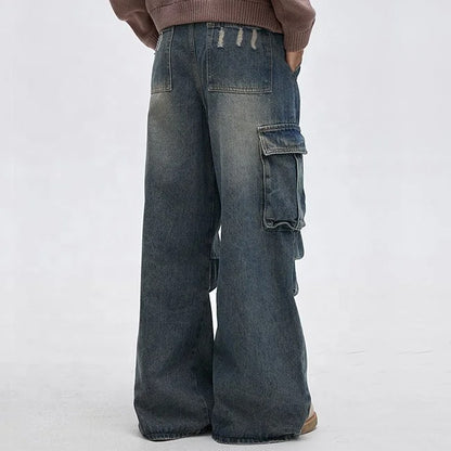 Wide-Leg Washed Blue Cargo Jeans with Utility Pockets