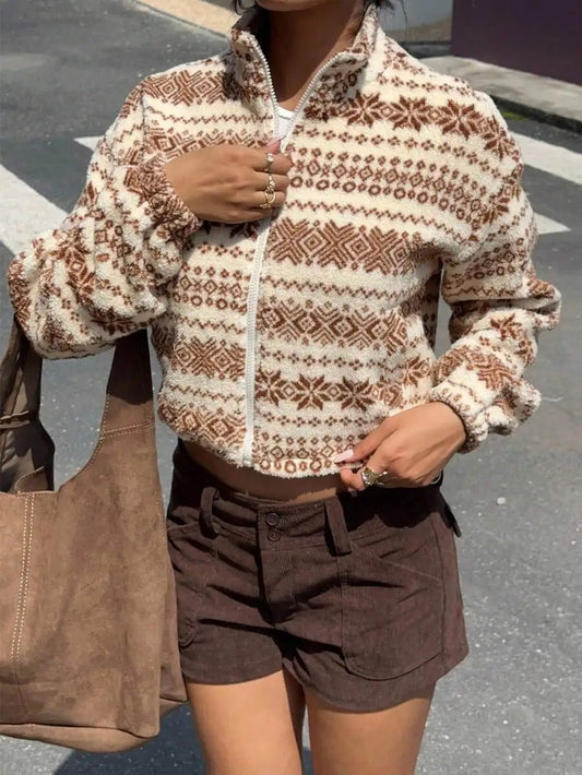 Brown and Cream Patterned Zip-Up Fleece Jacket