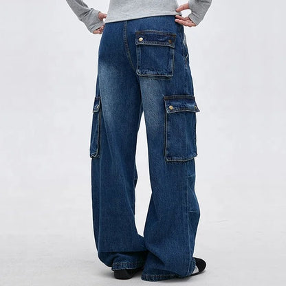 Wide-Leg Blue Denim Cargo Jeans with Flap Pockets