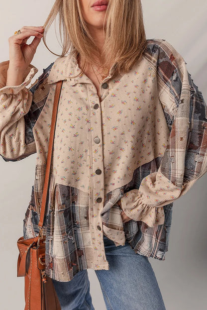 Beige and Brown Patchwork Button-Up Blouse